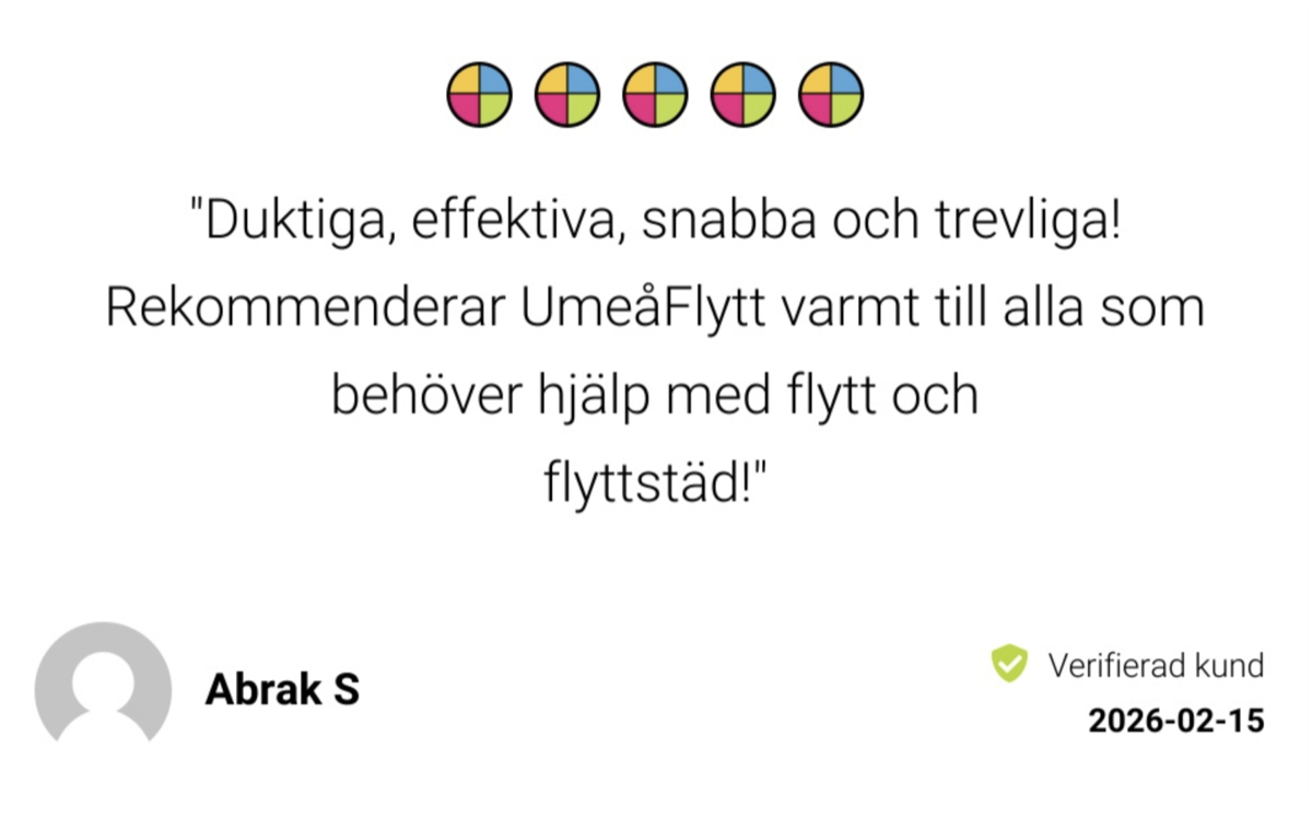 Omdöme på Reco från Abrak S, 15 februari 2026, fem av fem stjärnor, verifierad kund: "Duktiga, effektiva, snabba och trevliga! Rekommenderar UmeåFlytt varmt till alla som behöver hjälp med flytt och flyttstäd!"