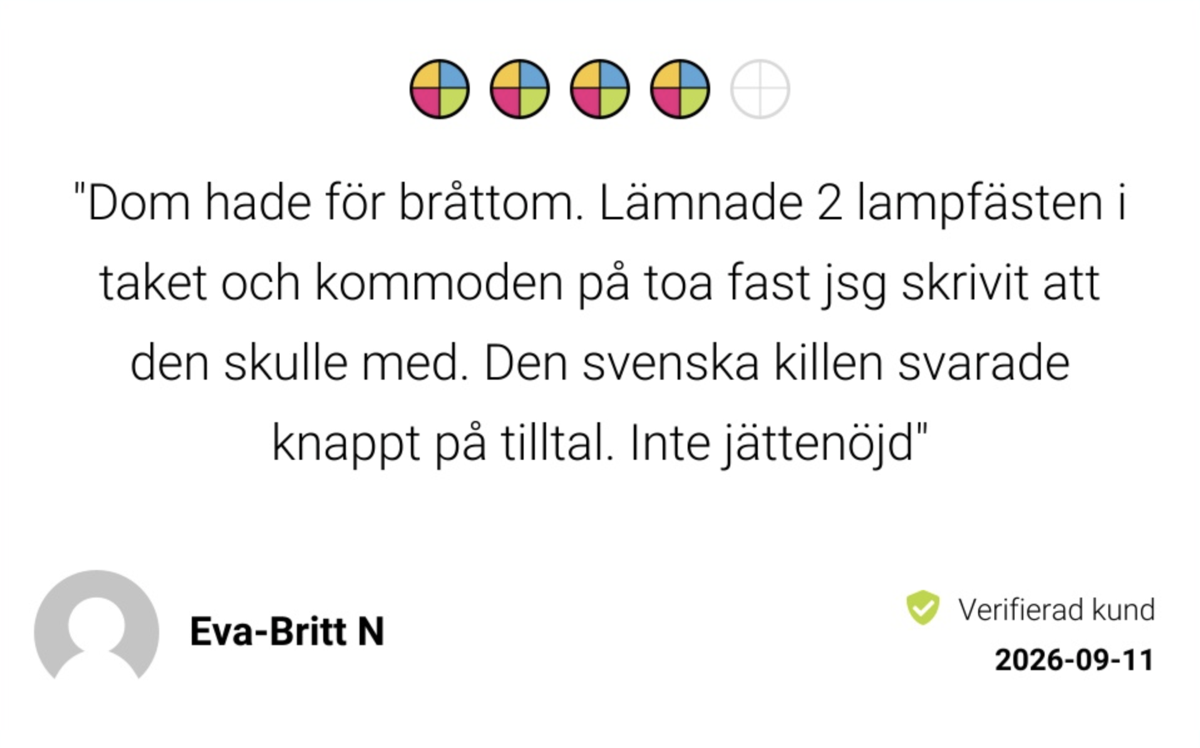 Omdöme på Reco från Eva-Britt N, 11 september 2026, fyra av fem stjärnor, verifierad kund: "Dom hade för bråttom. Lämnade 2 lampfästen i taket och kommoden på toa fast jsg skrivit att den skulle med. Den svenska killen svarade knappt på tilltal. Inte jättenöjd"