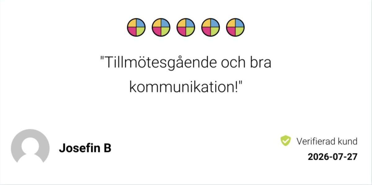 Omdöme på Reco från Josefin B, 27 juli 2026, fem av fem stjärnor, verifierad kund: "Tillmötesgående och bra kommunikation!"