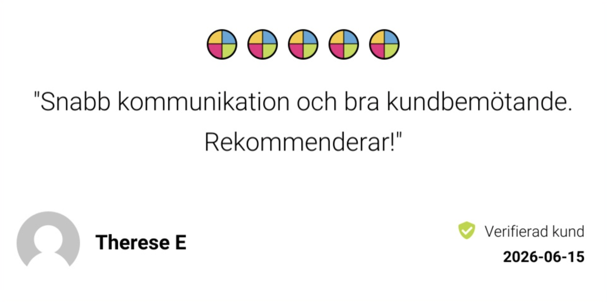 Omdöme på Reco från Therese E, 15 juni 2026, fem av fem stjärnor, verifierad kund: "Snabb kommunikation och bra kundbemötande. Rekommenderar!"