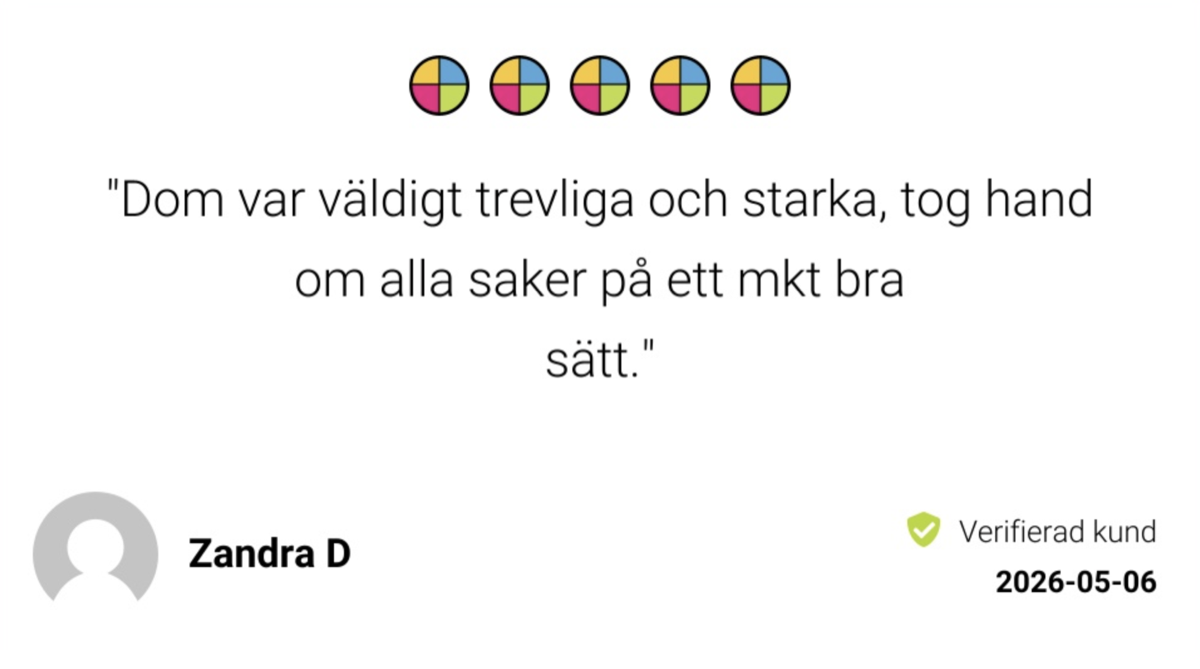 Omdöme på Reco från Zandra D, 6 maj 2026, fem av fem stjärnor, verifierad kund: "Dom var väldigt trevliga och starka, tog hand om alla saker på ett mkt bra sätt."